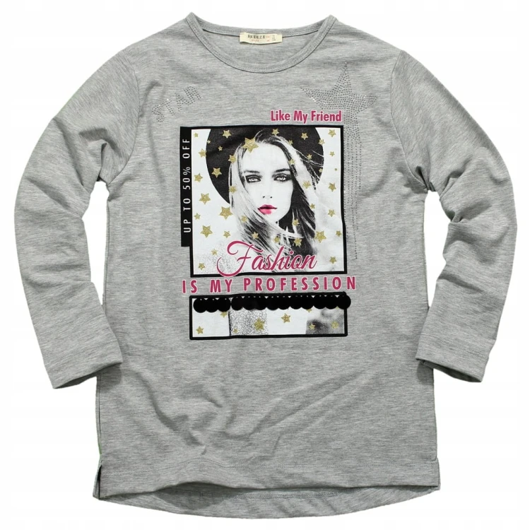 Bluzka BAWEŁNA Nadruk LONGSLEEVE Cekiny BROKAT