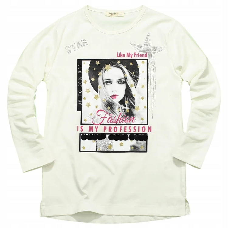 Bluzka BAWEŁNA Nadruk LONGSLEEVE Cekiny BROKAT