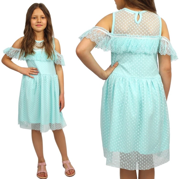 Elegancka SUKIENKA Falbanka TIUL Grochy TURKUS