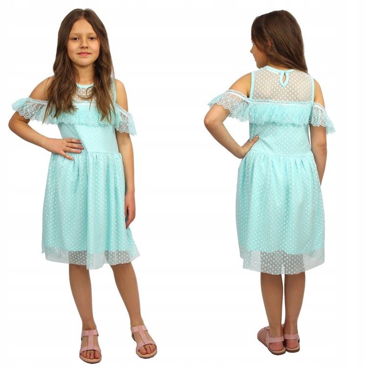 Elegancka SUKIENKA Falbanka TIUL Grochy TURKUS