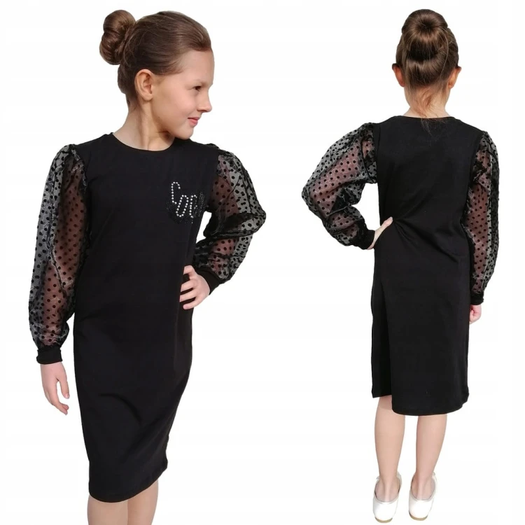 ELEGANCKA Sukienka TIULOWE Rękawy BUFKI CZARNA