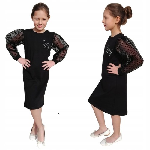 ELEGANCKA Sukienka TIULOWE Rękawy BUFKI CZARNA