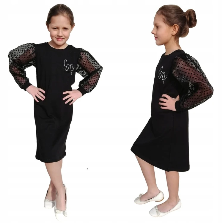 ELEGANCKA Sukienka TIULOWE Rękawy BUFKI CZARNA