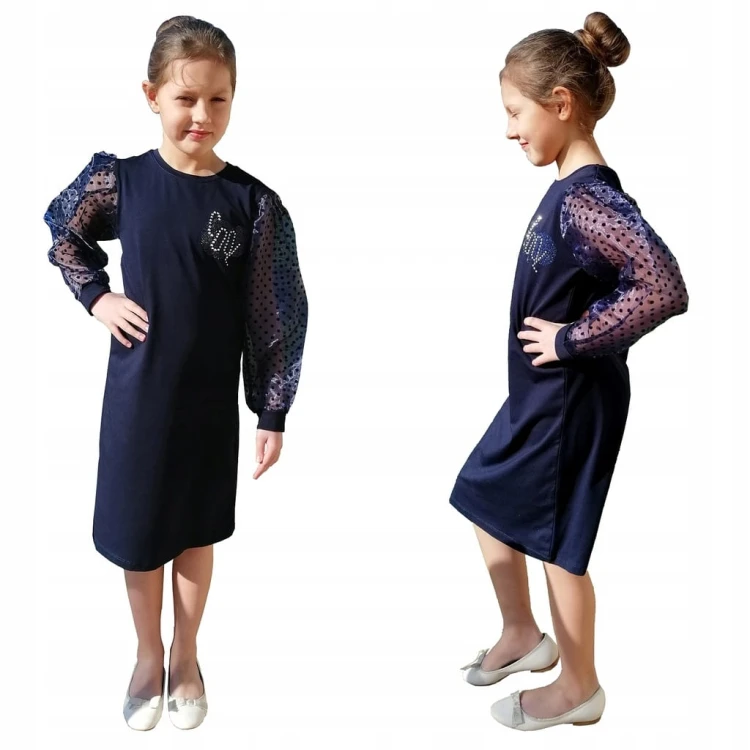 ELEGANCKA Sukienka TIULOWE Rękawy BUFKI GRANAT
